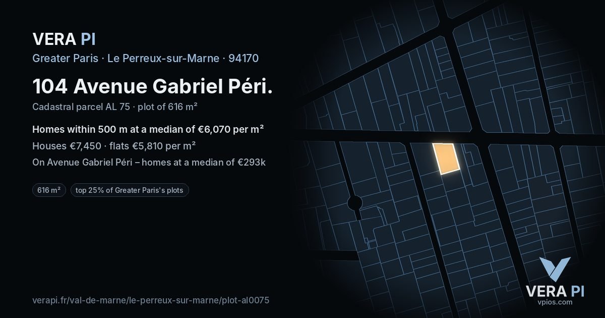 104 Avenue Gabriel Péri, Le Perreux-sur-Marne at night – the plot lit, the parcels around coloured by the prices near them
