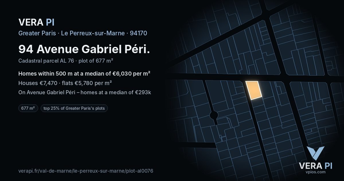 94 Avenue Gabriel Péri, Le Perreux-sur-Marne at night – the plot lit, the parcels around coloured by the prices near them