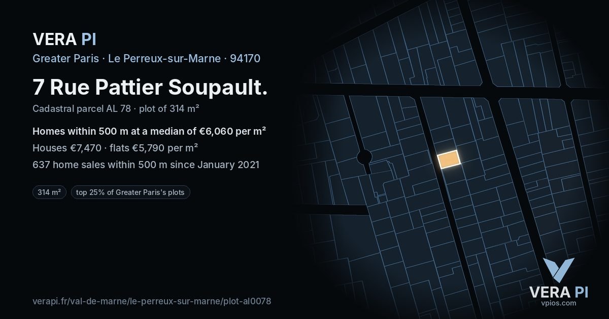 7 Rue Pattier Soupault, Le Perreux-sur-Marne at night – the plot lit, the parcels around coloured by the prices near them