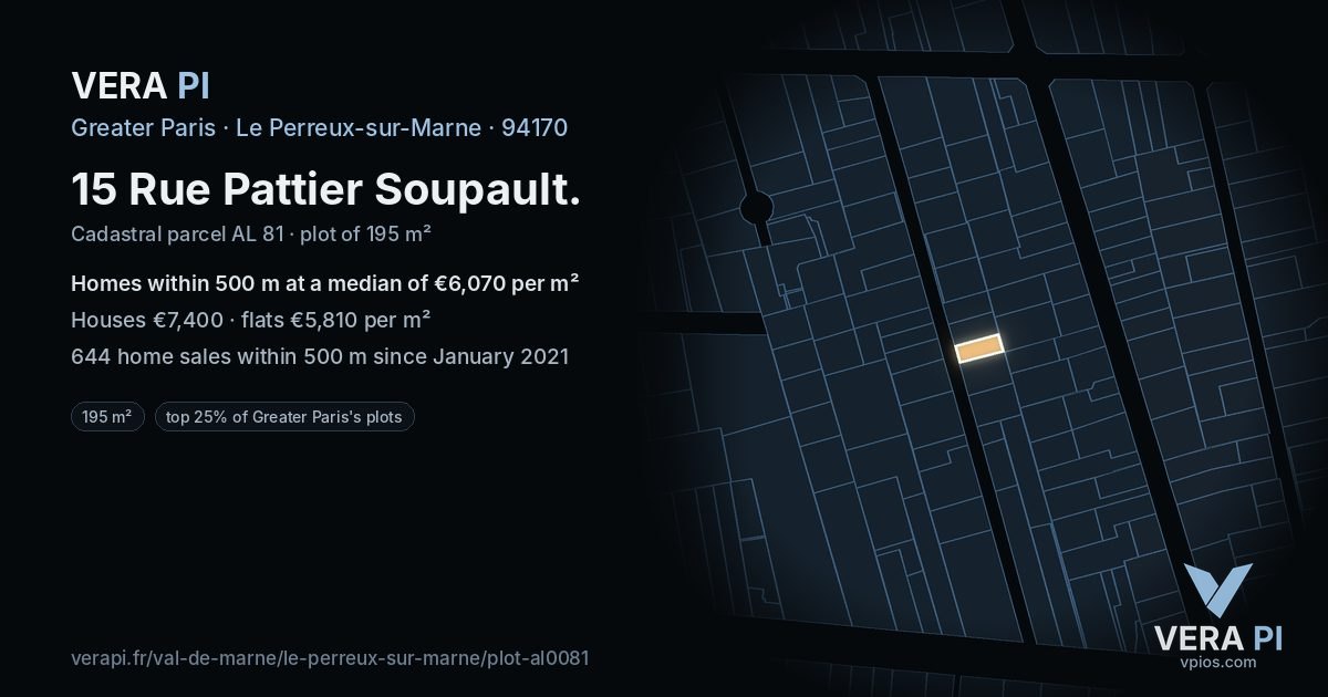 15 Rue Pattier Soupault, Le Perreux-sur-Marne at night – the plot lit, the parcels around coloured by the prices near them