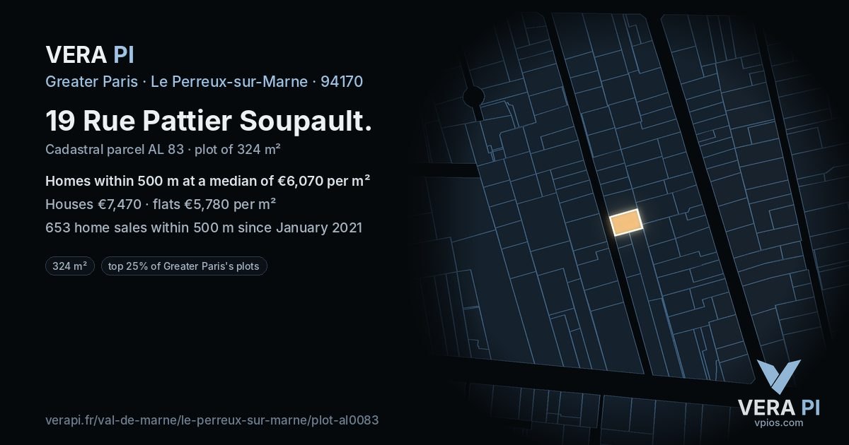 19 Rue Pattier Soupault, Le Perreux-sur-Marne at night – the plot lit, the parcels around coloured by the prices near them