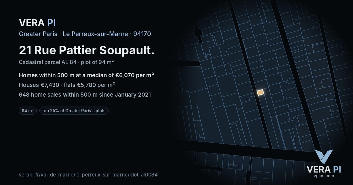 21 Rue Pattier Soupault, Le Perreux-sur-Marne at night – the plot lit, the parcels around coloured by the prices near them