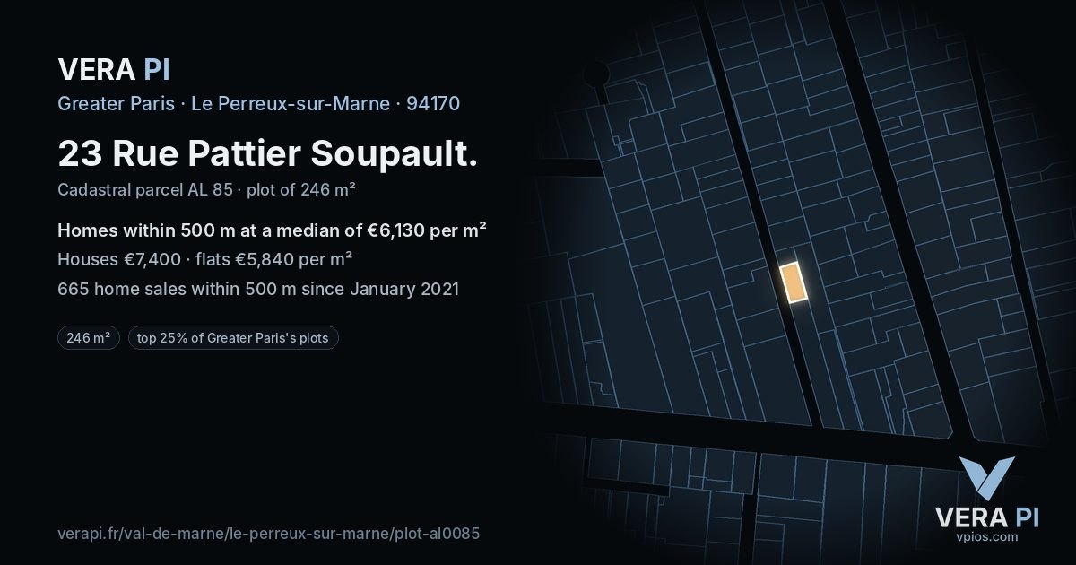 23 Rue Pattier Soupault, Le Perreux-sur-Marne at night – the plot lit, the parcels around coloured by the prices near them