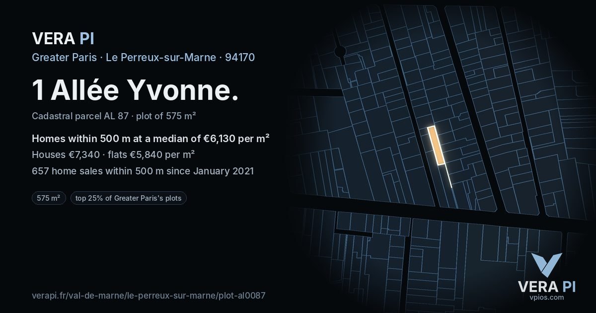 1 Allée Yvonne, Le Perreux-sur-Marne at night – the plot lit, the parcels around coloured by the prices near them