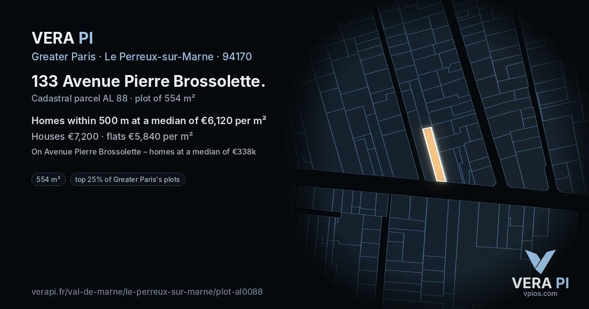 133 Avenue Pierre Brossolette, Le Perreux-sur-Marne at night – the plot lit, the parcels around coloured by the prices near them