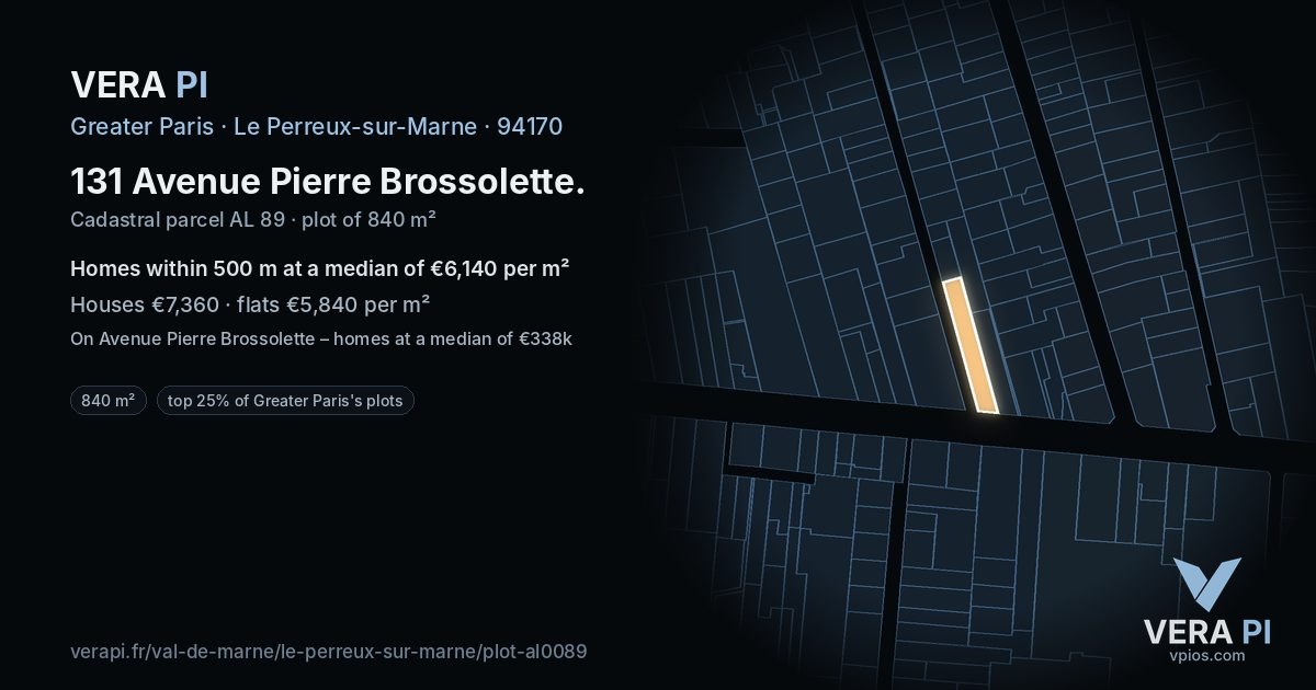 131 Avenue Pierre Brossolette, Le Perreux-sur-Marne at night – the plot lit, the parcels around coloured by the prices near them