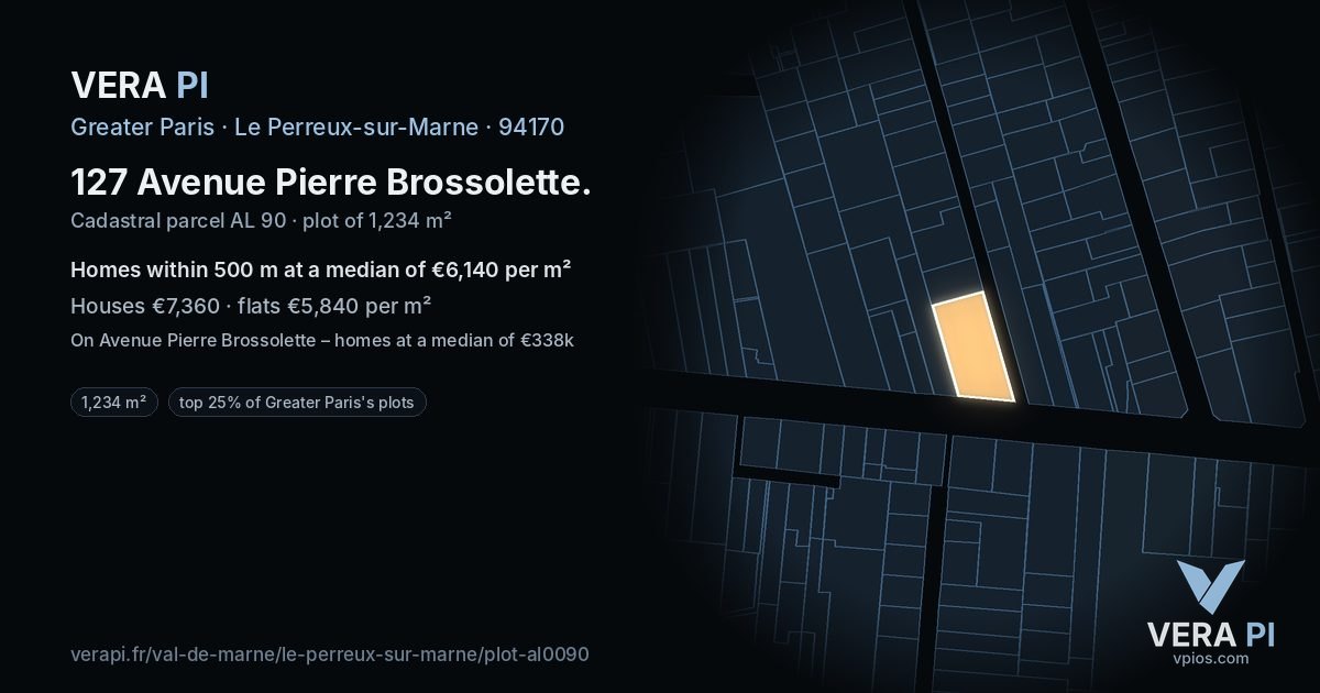 127 Avenue Pierre Brossolette, Le Perreux-sur-Marne at night – the plot lit, the parcels around coloured by the prices near them