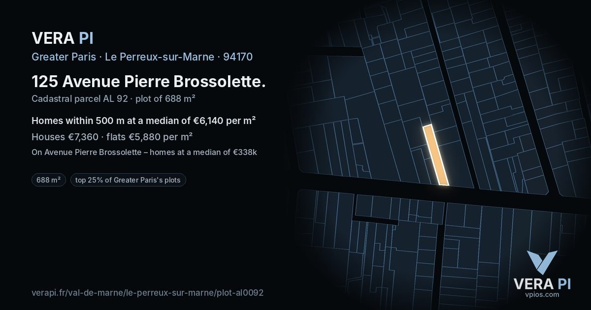 125 Avenue Pierre Brossolette, Le Perreux-sur-Marne at night – the plot lit, the parcels around coloured by the prices near them