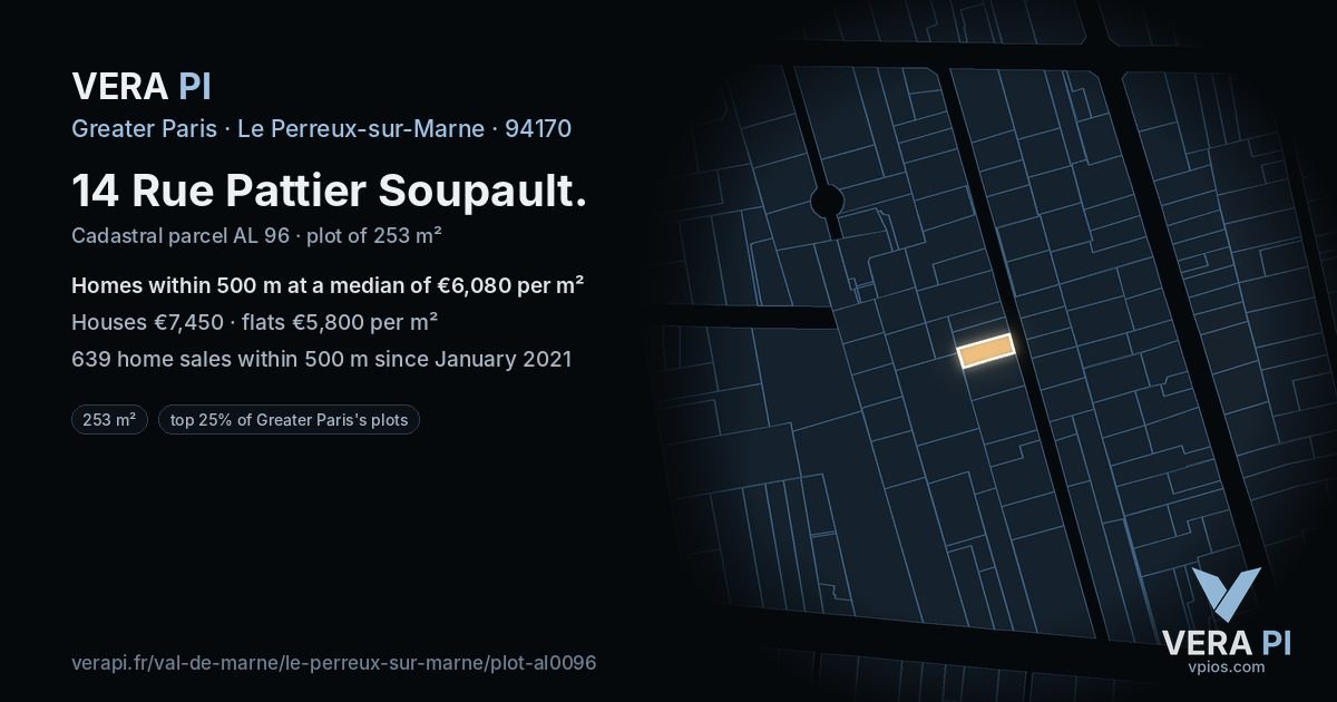 14 Rue Pattier Soupault, Le Perreux-sur-Marne at night – the plot lit, the parcels around coloured by the prices near them