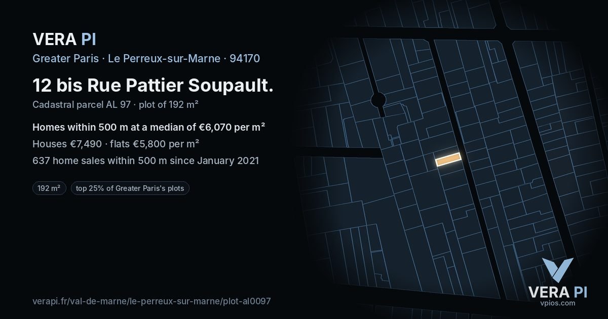 12 bis Rue Pattier Soupault, Le Perreux-sur-Marne at night – the plot lit, the parcels around coloured by the prices near them