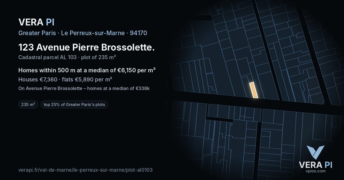 123 Avenue Pierre Brossolette, Le Perreux-sur-Marne at night – the plot lit, the parcels around coloured by the prices near them