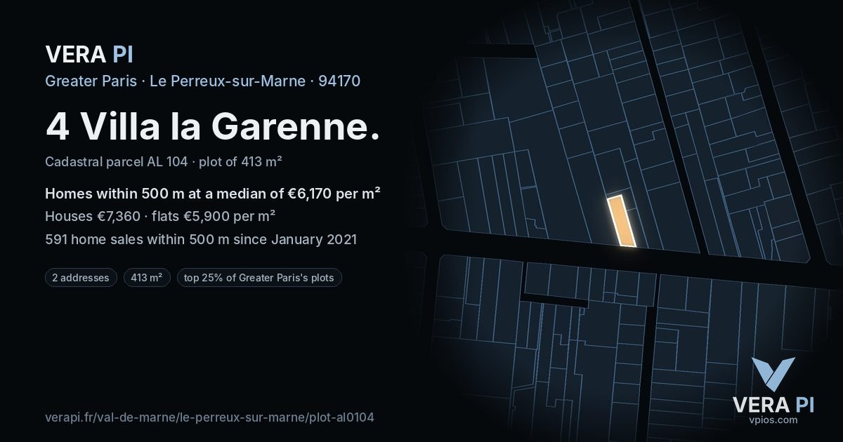 4 Villa la Garenne, Le Perreux-sur-Marne at night – the plot lit, the parcels around coloured by the prices near them