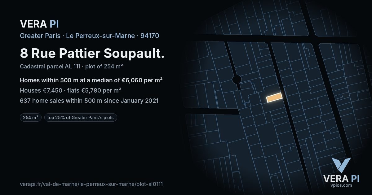 8 Rue Pattier Soupault, Le Perreux-sur-Marne at night – the plot lit, the parcels around coloured by the prices near them
