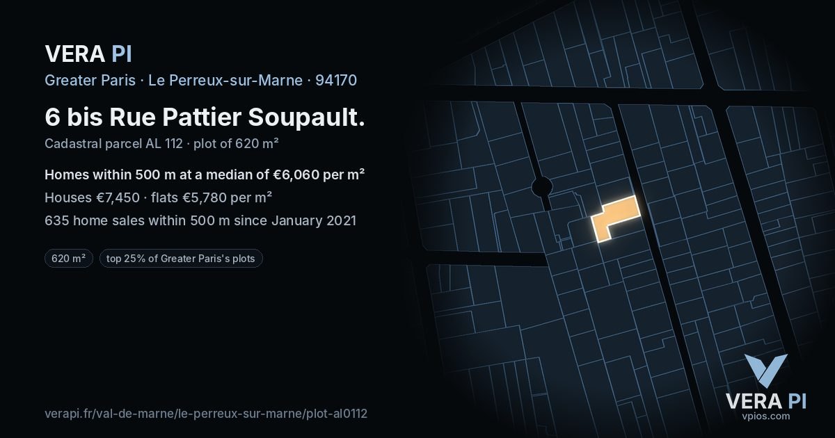 6 bis Rue Pattier Soupault, Le Perreux-sur-Marne at night – the plot lit, the parcels around coloured by the prices near them