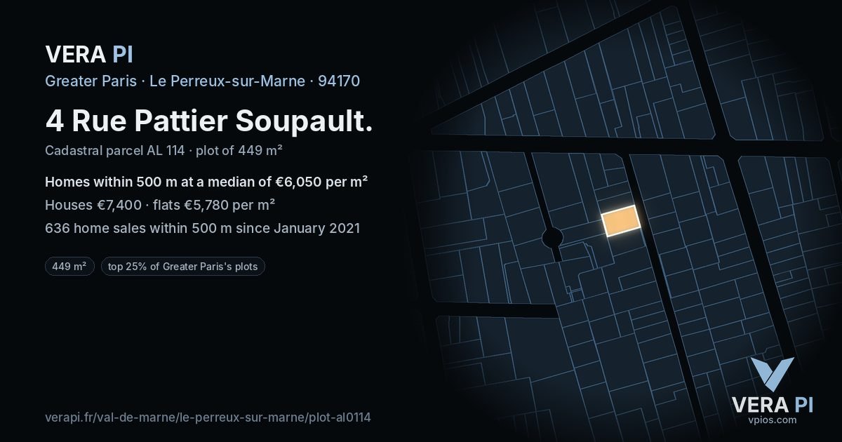 4 Rue Pattier Soupault, Le Perreux-sur-Marne at night – the plot lit, the parcels around coloured by the prices near them