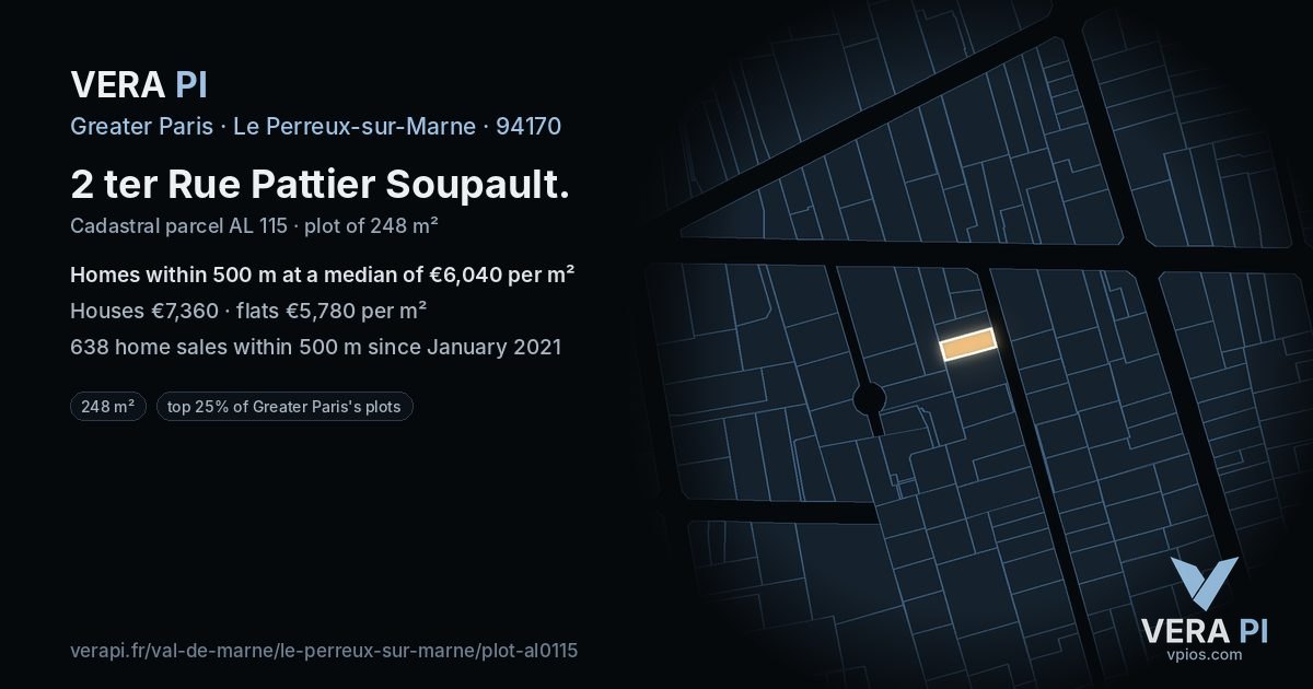 2 ter Rue Pattier Soupault, Le Perreux-sur-Marne at night – the plot lit, the parcels around coloured by the prices near them