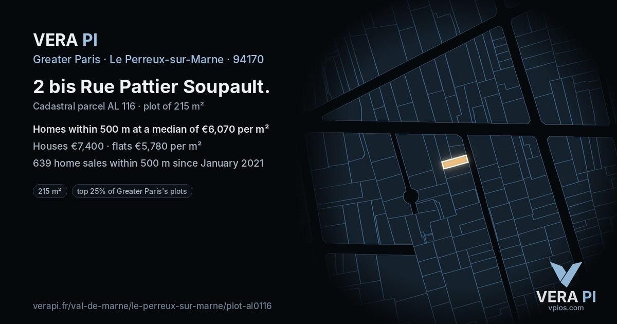 2 bis Rue Pattier Soupault, Le Perreux-sur-Marne at night – the plot lit, the parcels around coloured by the prices near them