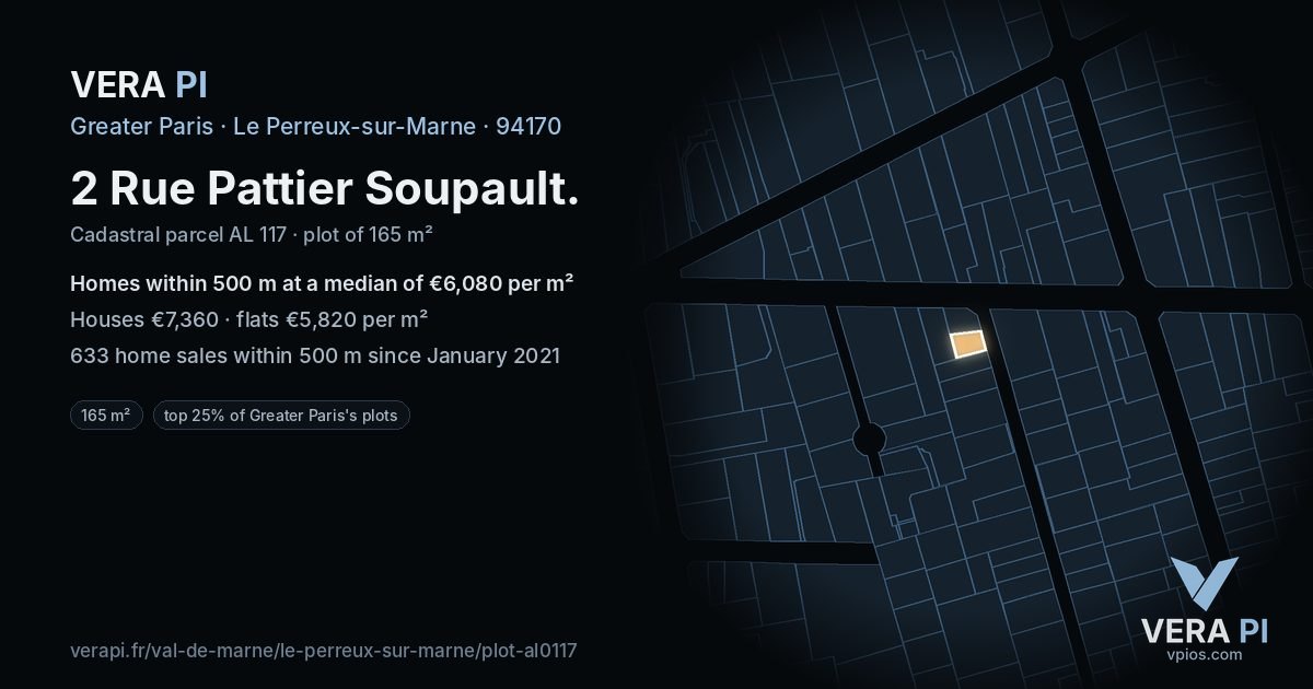 2 Rue Pattier Soupault, Le Perreux-sur-Marne at night – the plot lit, the parcels around coloured by the prices near them