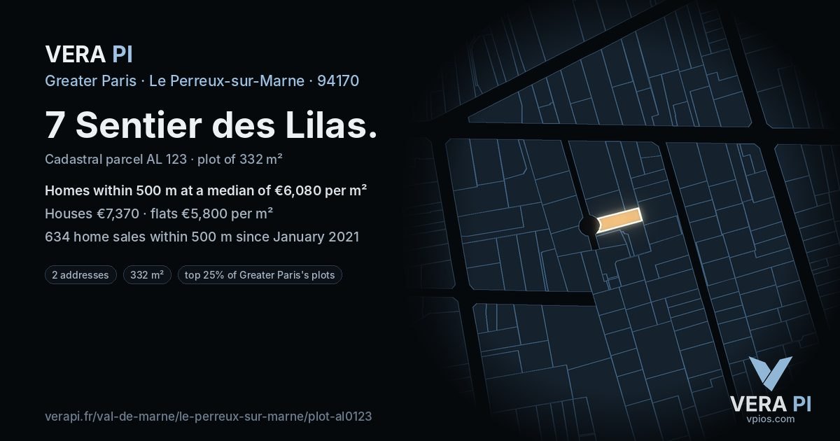 7 Sentier des Lilas, Le Perreux-sur-Marne at night – the plot lit, the parcels around coloured by the prices near them