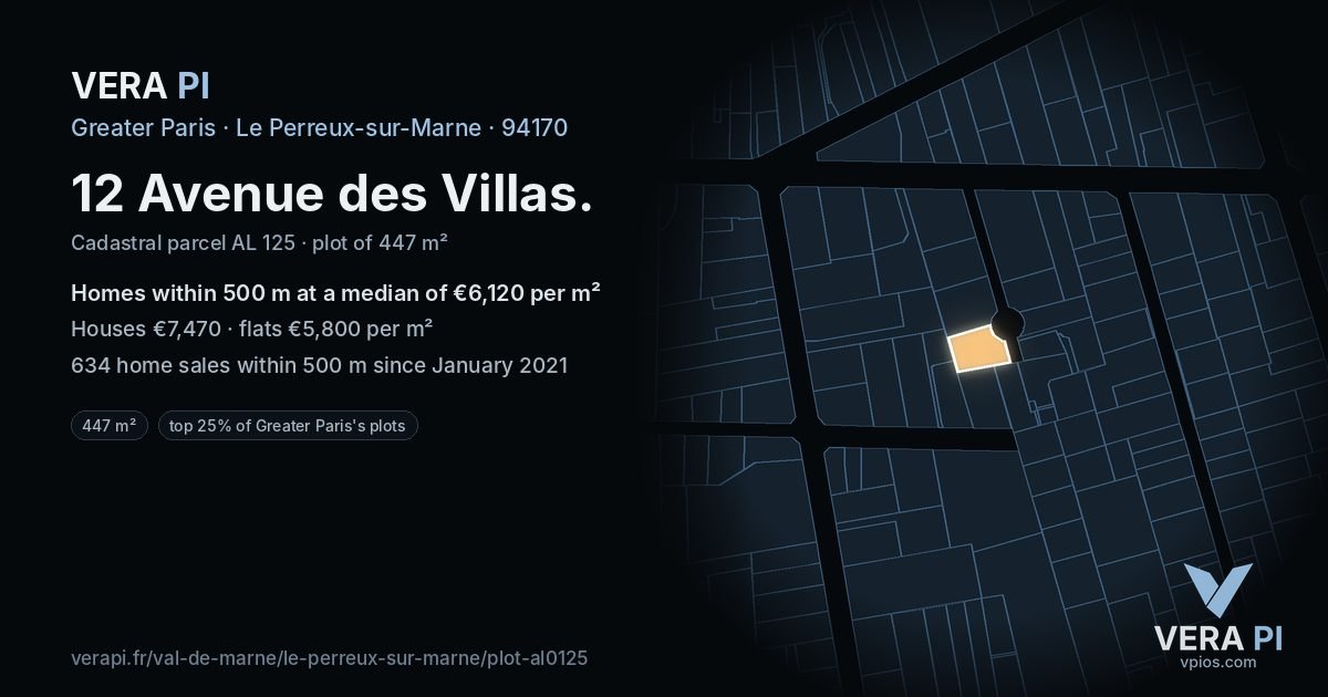 12 Avenue des Villas, Le Perreux-sur-Marne at night – the plot lit, the parcels around coloured by the prices near them