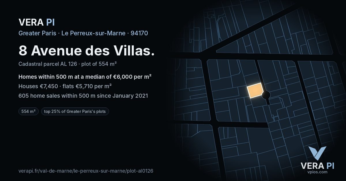 8 Avenue des Villas, Le Perreux-sur-Marne at night – the plot lit, the parcels around coloured by the prices near them