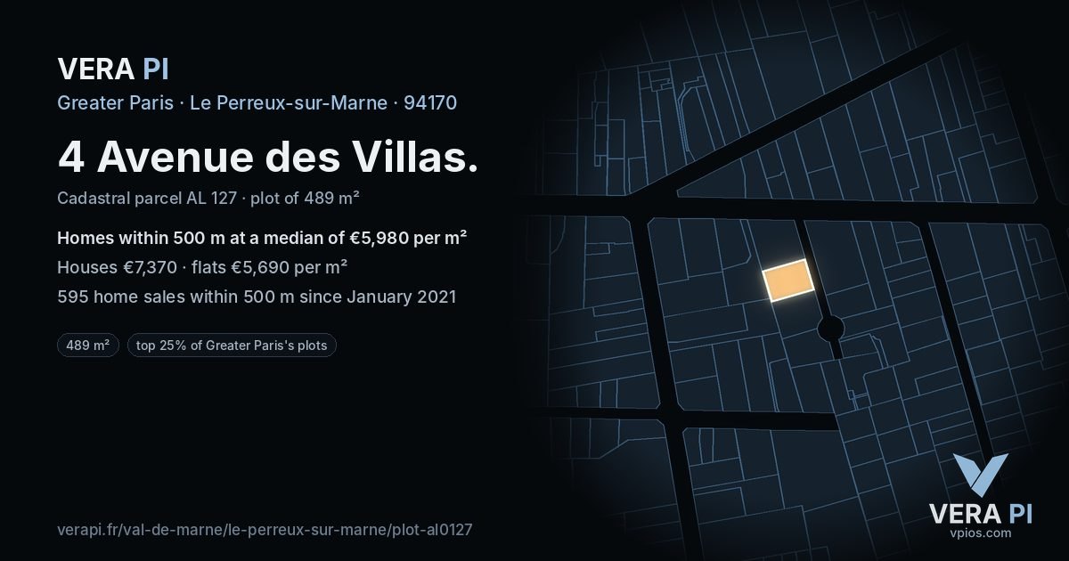 4 Avenue des Villas, Le Perreux-sur-Marne at night – the plot lit, the parcels around coloured by the prices near them