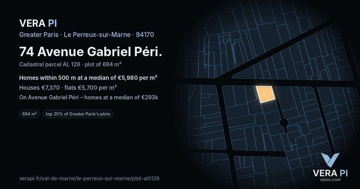 74 Avenue Gabriel Péri, Le Perreux-sur-Marne at night – the plot lit, the parcels around coloured by the prices near them
