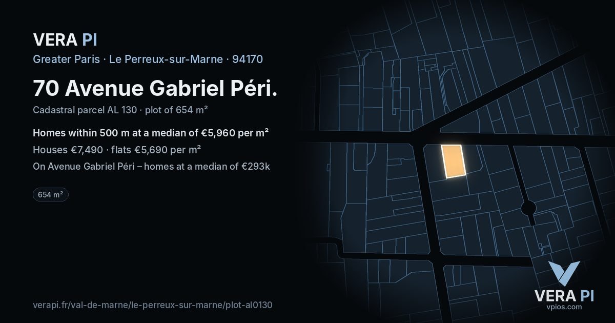 70 Avenue Gabriel Péri, Le Perreux-sur-Marne at night – the plot lit, the parcels around coloured by the prices near them