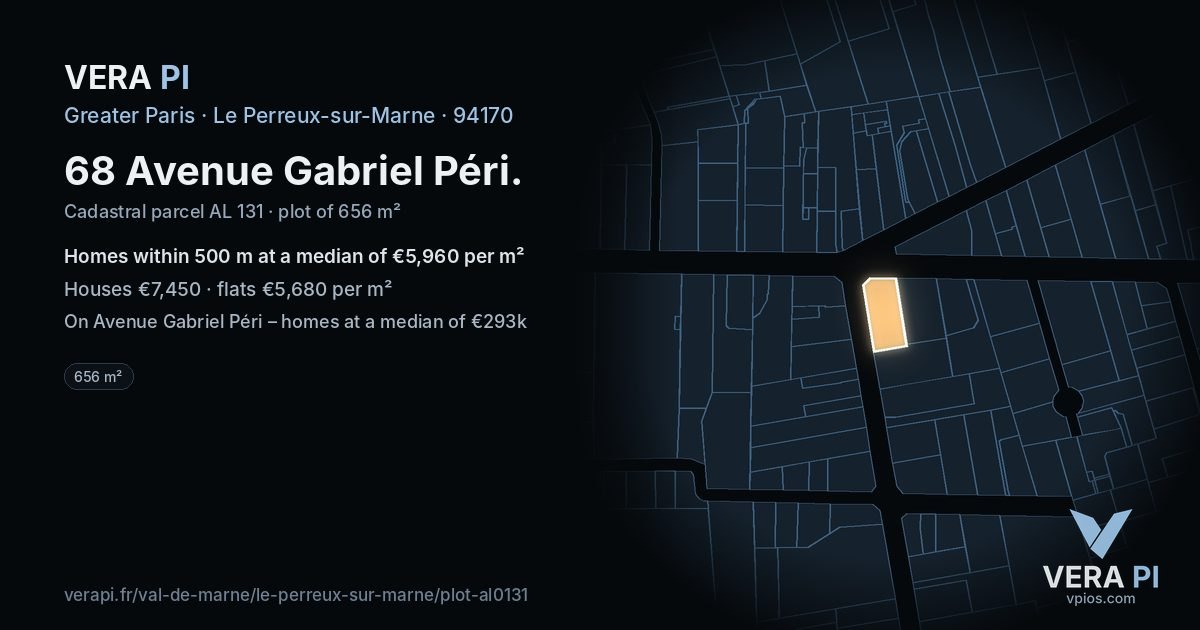 68 Avenue Gabriel Péri, Le Perreux-sur-Marne at night – the plot lit, the parcels around coloured by the prices near them