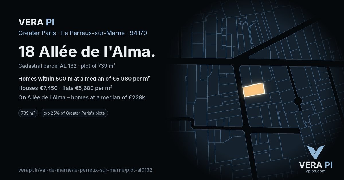 18 Allée de l'Alma, Le Perreux-sur-Marne at night – the plot lit, the parcels around coloured by the prices near them