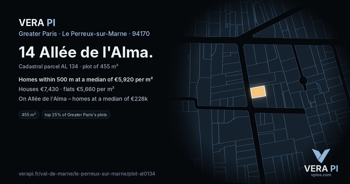 14 Allée de l'Alma, Le Perreux-sur-Marne at night – the plot lit, the parcels around coloured by the prices near them