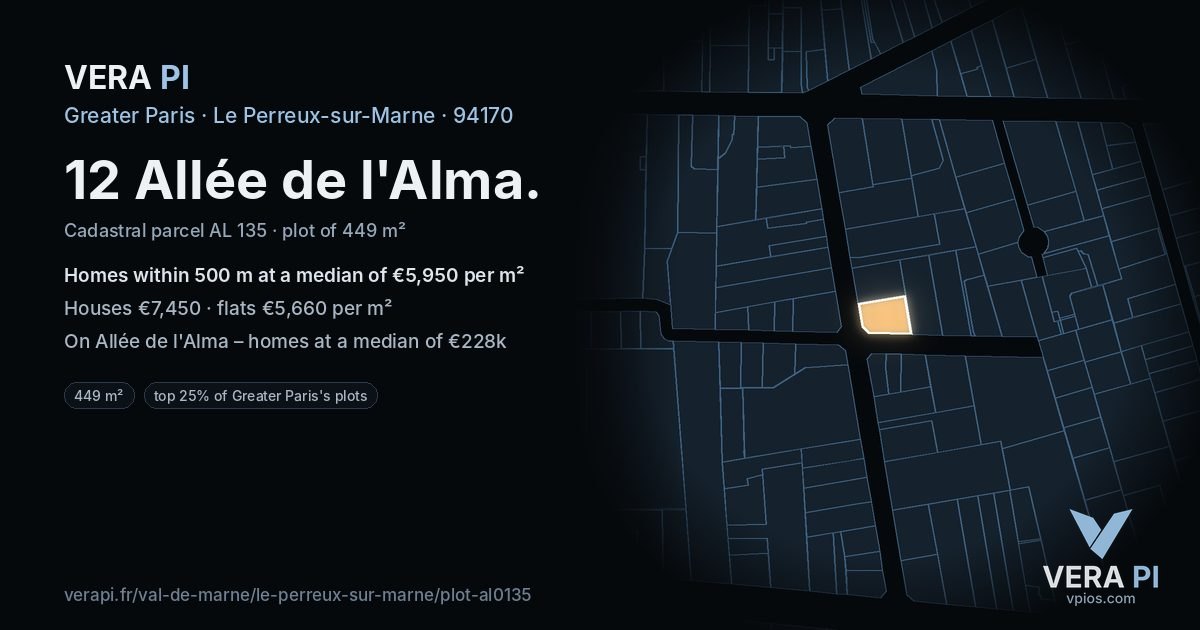 12 Allée de l'Alma, Le Perreux-sur-Marne at night – the plot lit, the parcels around coloured by the prices near them
