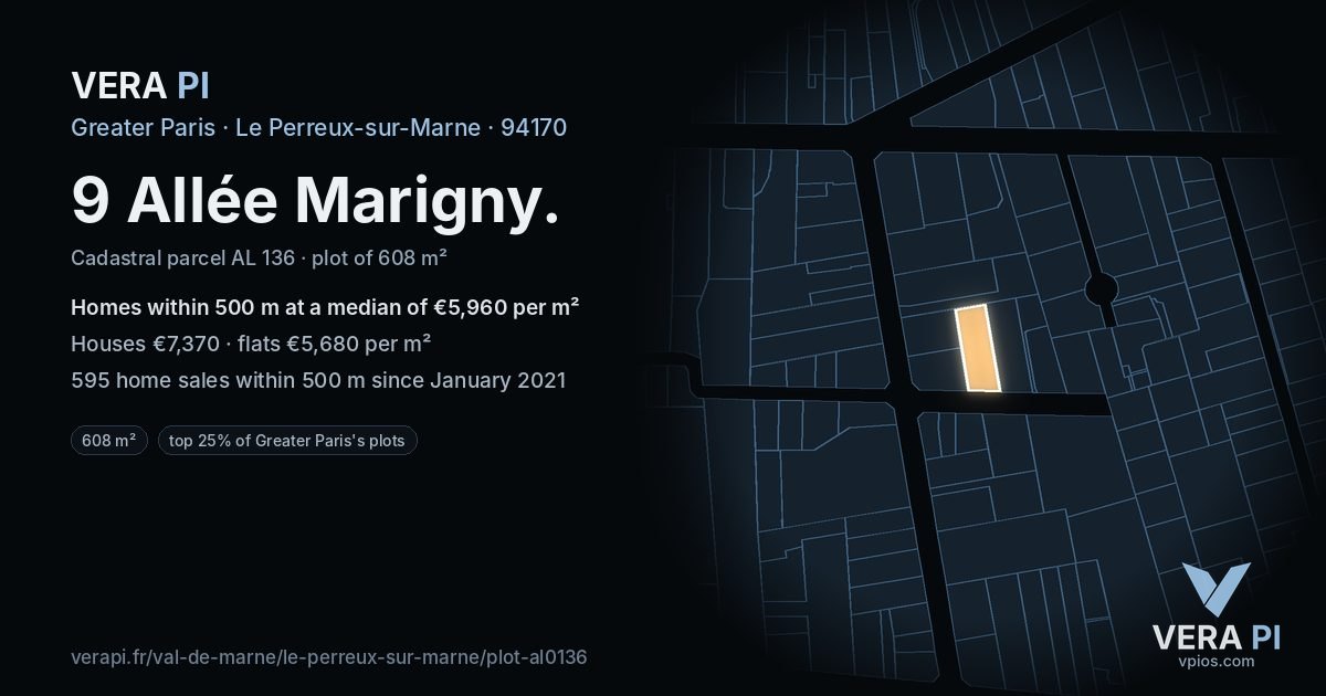 9 Allée Marigny, Le Perreux-sur-Marne at night – the plot lit, the parcels around coloured by the prices near them