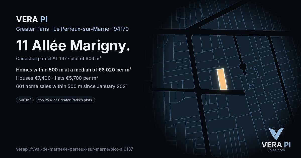 11 Allée Marigny, Le Perreux-sur-Marne at night – the plot lit, the parcels around coloured by the prices near them