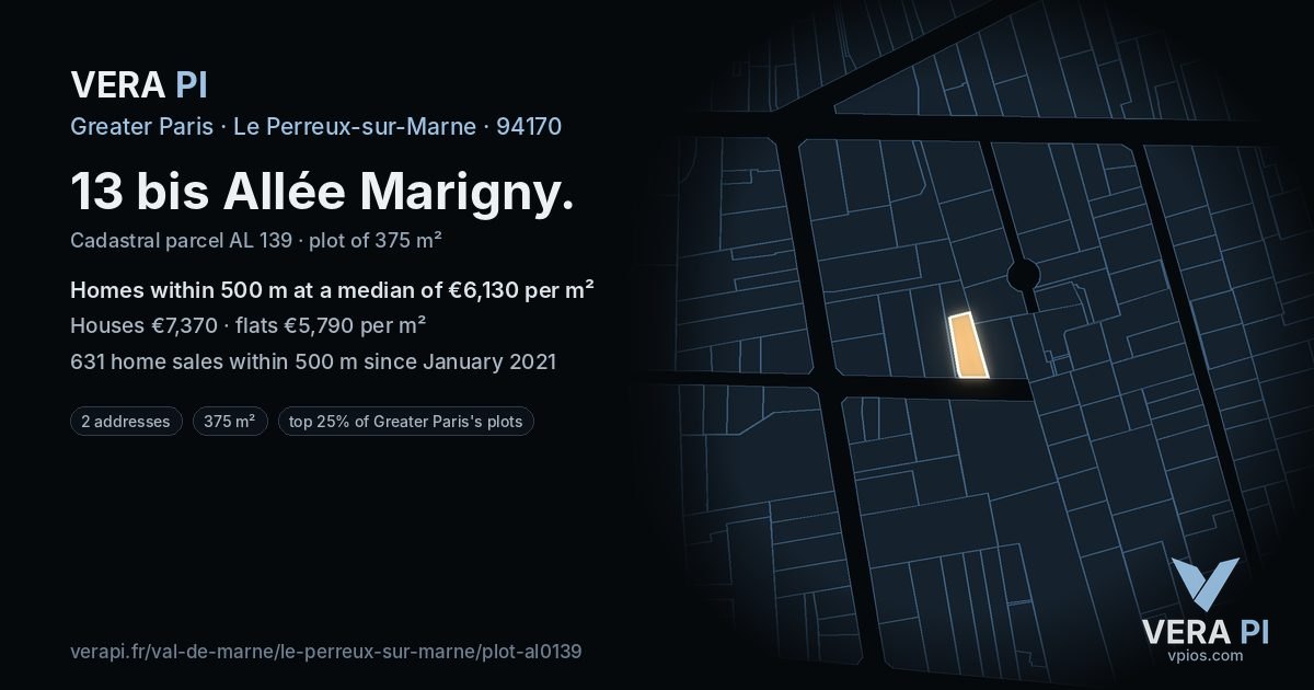 13 bis Allée Marigny, Le Perreux-sur-Marne at night – the plot lit, the parcels around coloured by the prices near them
