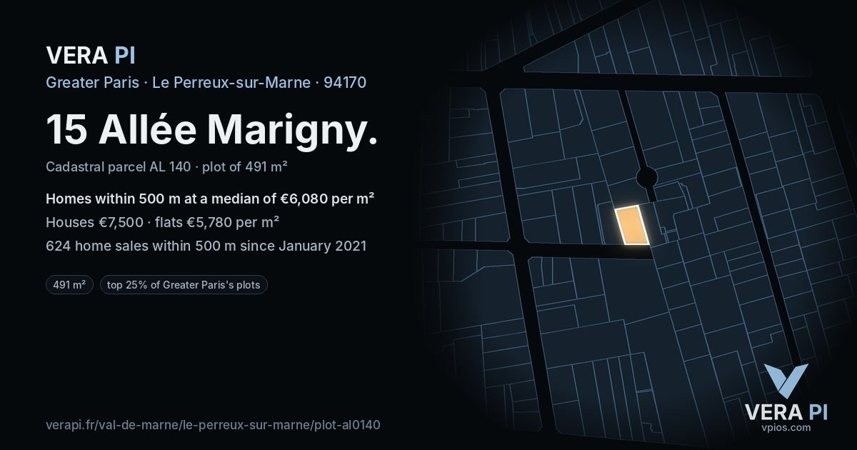 15 Allée Marigny, Le Perreux-sur-Marne at night – the plot lit, the parcels around coloured by the prices near them