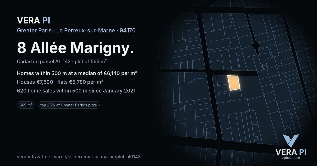 8 Allée Marigny, Le Perreux-sur-Marne at night – the plot lit, the parcels around coloured by the prices near them