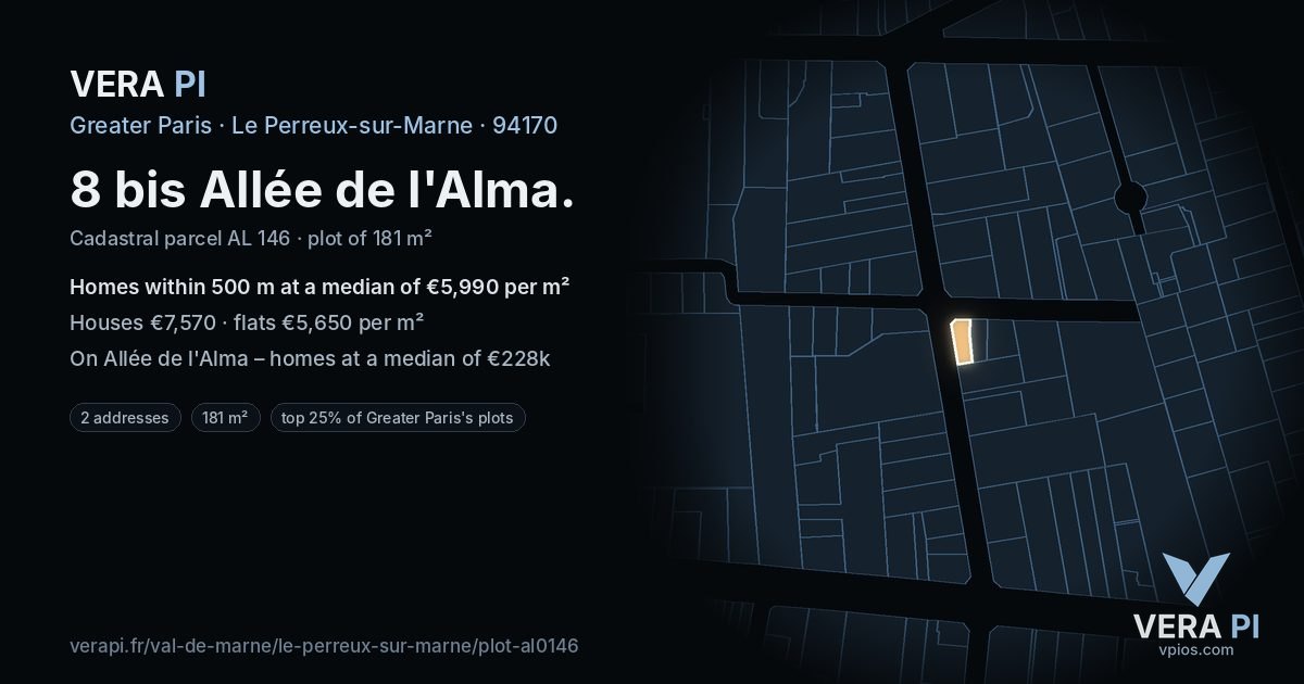 8 bis Allée de l'Alma, Le Perreux-sur-Marne at night – the plot lit, the parcels around coloured by the prices near them