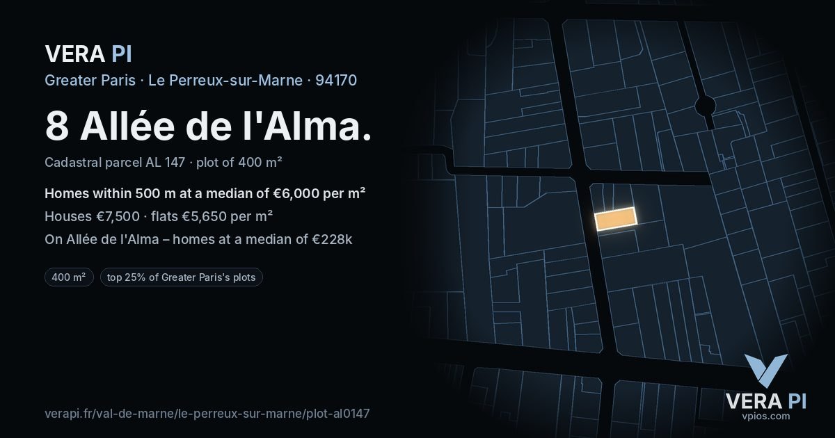 8 Allée de l'Alma, Le Perreux-sur-Marne at night – the plot lit, the parcels around coloured by the prices near them