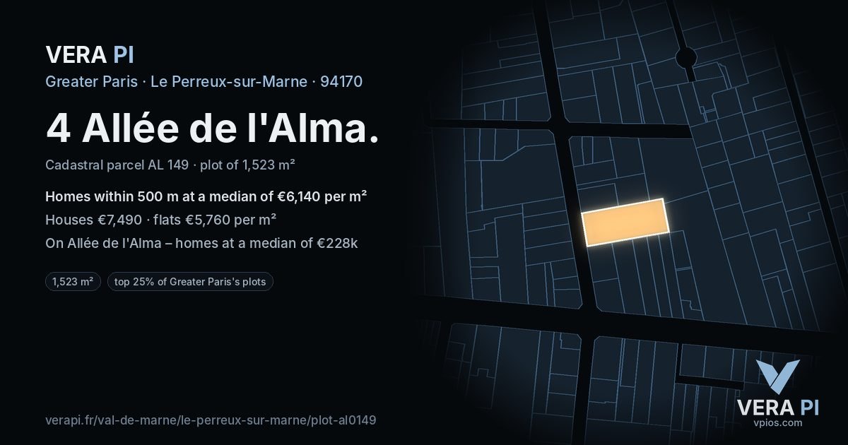 4 Allée de l'Alma, Le Perreux-sur-Marne at night – the plot lit, the parcels around coloured by the prices near them