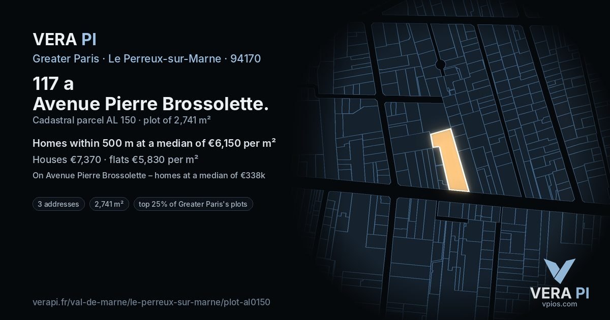 117 a Avenue Pierre Brossolette, Le Perreux-sur-Marne at night – the plot lit, the parcels around coloured by the prices near them