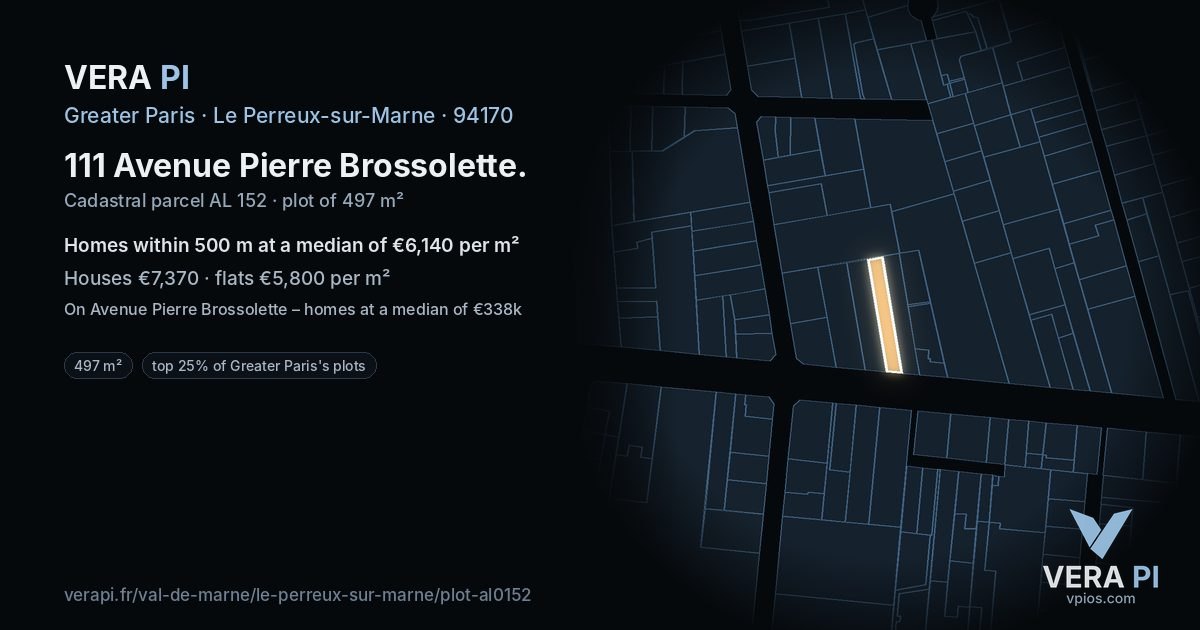 111 Avenue Pierre Brossolette, Le Perreux-sur-Marne at night – the plot lit, the parcels around coloured by the prices near them
