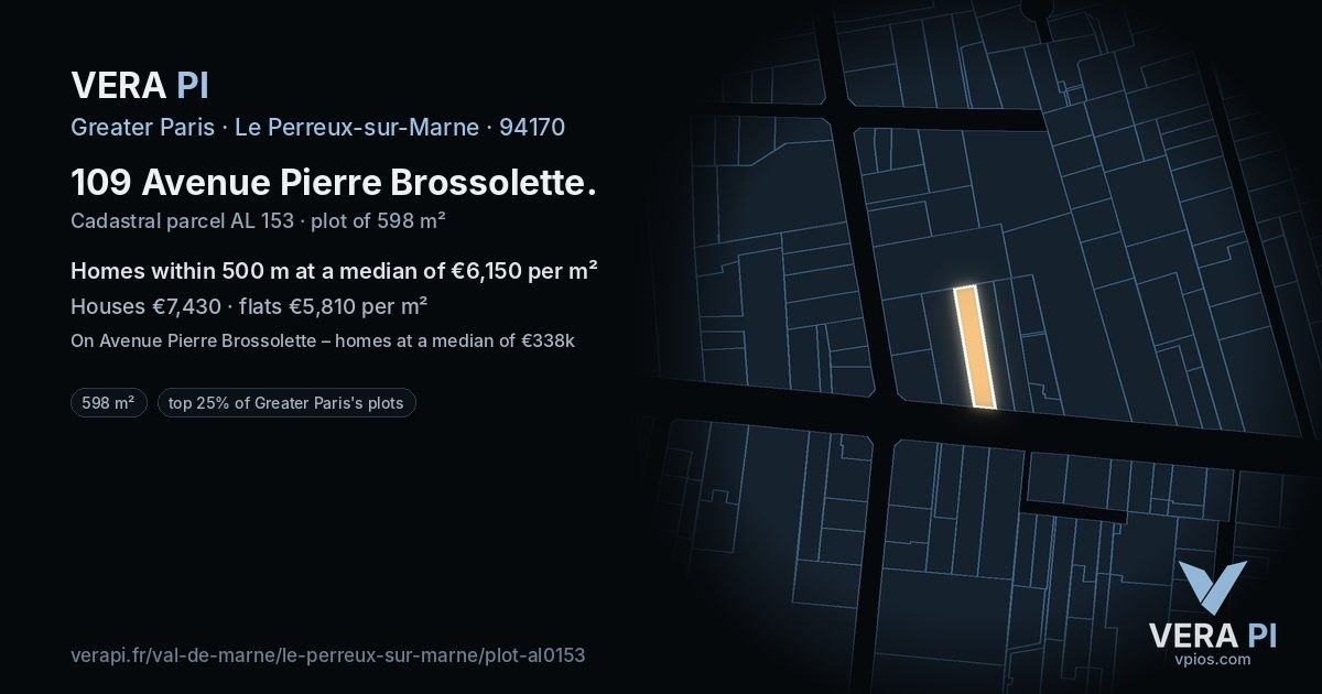 109 Avenue Pierre Brossolette, Le Perreux-sur-Marne at night – the plot lit, the parcels around coloured by the prices near them