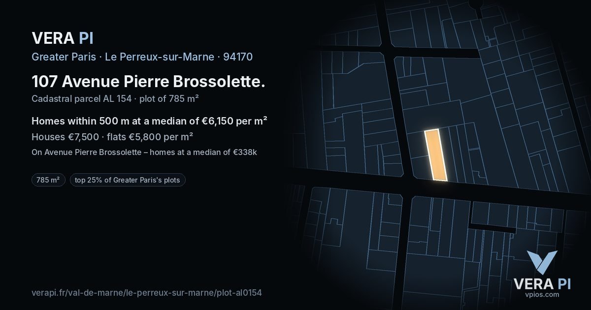 107 Avenue Pierre Brossolette, Le Perreux-sur-Marne at night – the plot lit, the parcels around coloured by the prices near them