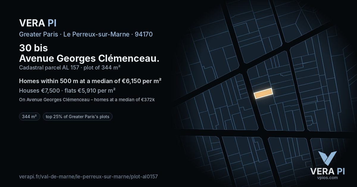 30 bis Avenue Georges Clémenceau, Le Perreux-sur-Marne at night – the plot lit, the parcels around coloured by the prices near them
