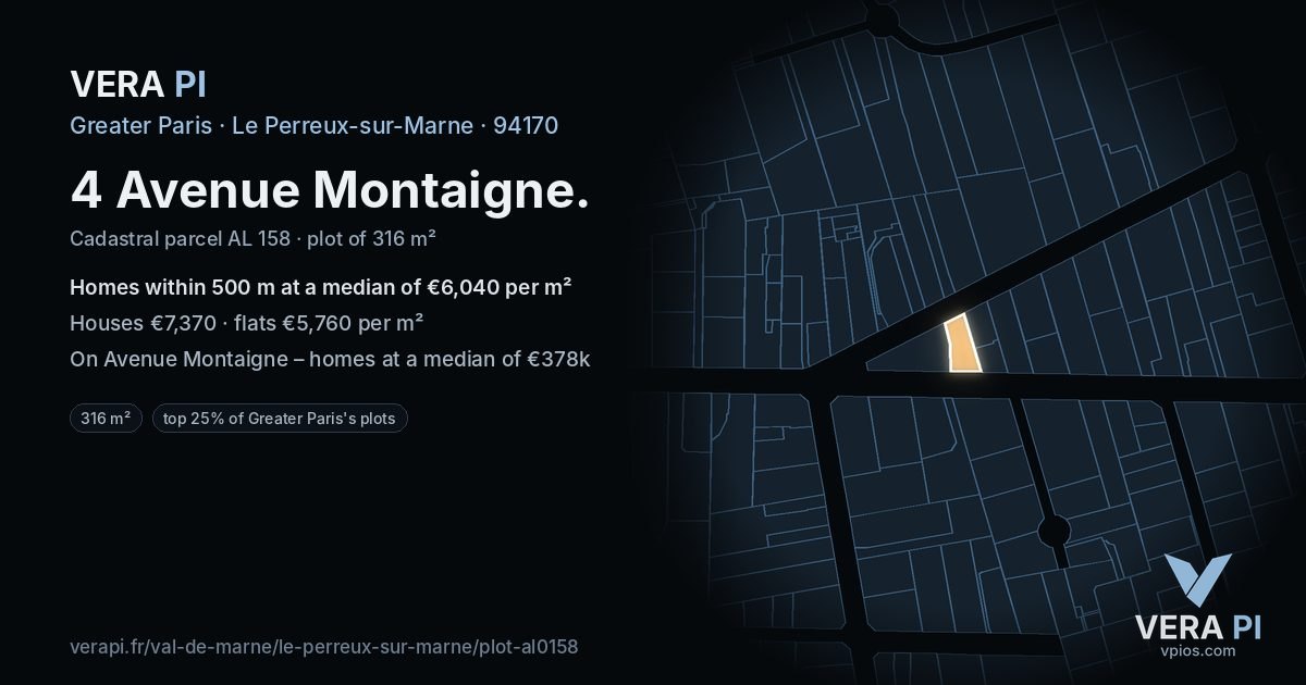 4 Avenue Montaigne, Le Perreux-sur-Marne at night – the plot lit, the parcels around coloured by the prices near them