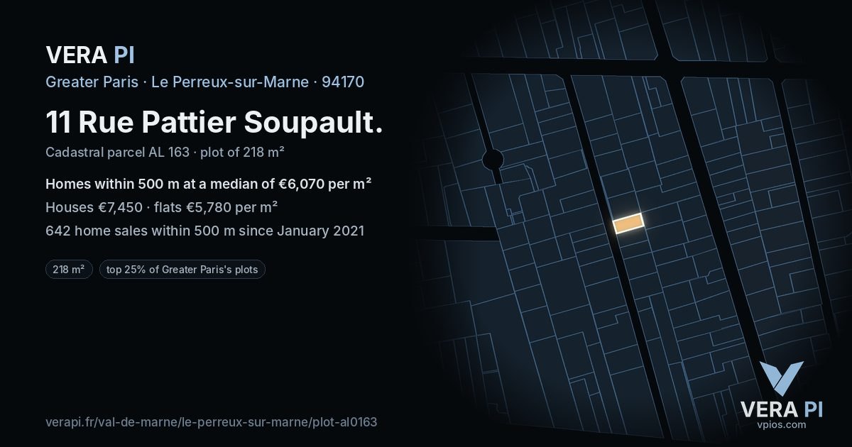 11 Rue Pattier Soupault, Le Perreux-sur-Marne at night – the plot lit, the parcels around coloured by the prices near them