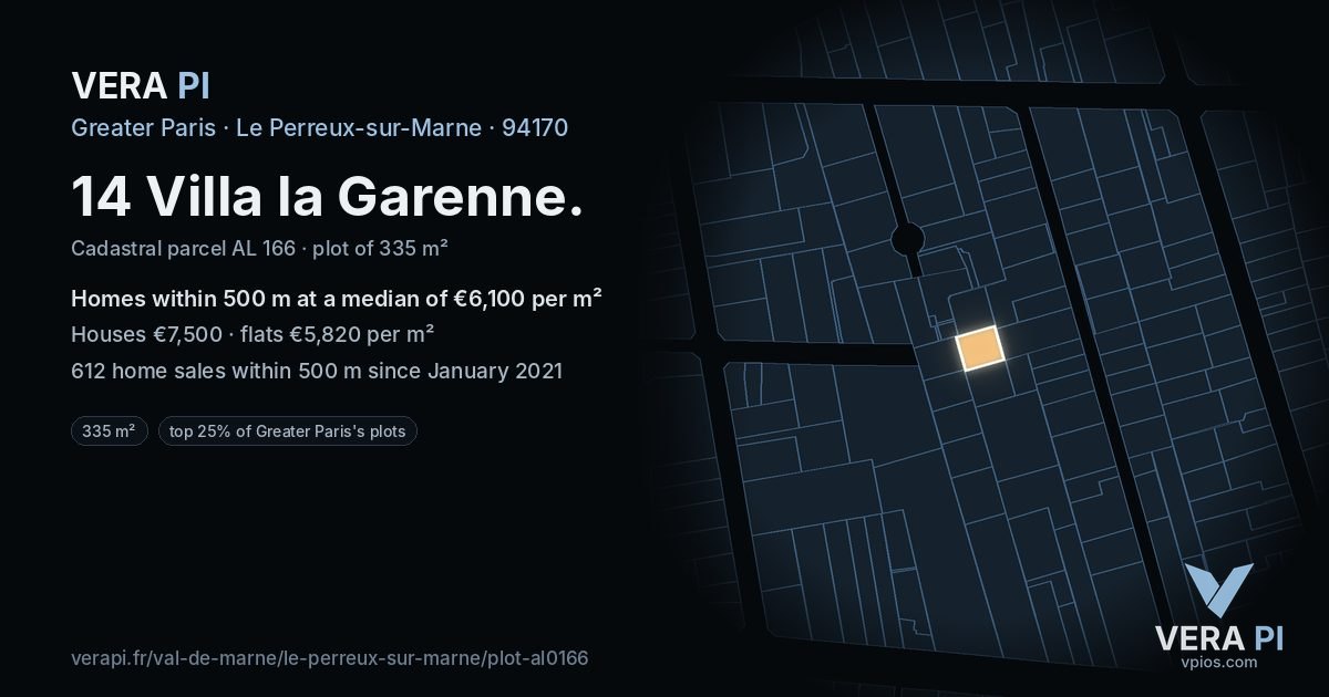 14 Villa la Garenne, Le Perreux-sur-Marne at night – the plot lit, the parcels around coloured by the prices near them