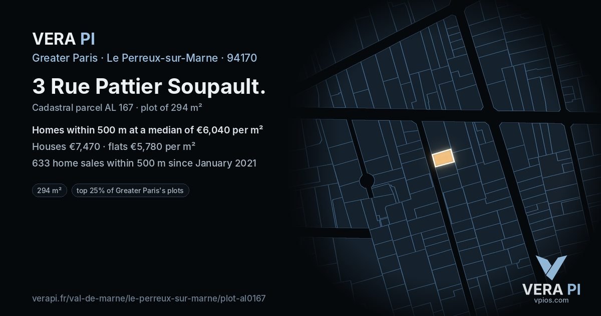 3 Rue Pattier Soupault, Le Perreux-sur-Marne at night – the plot lit, the parcels around coloured by the prices near them