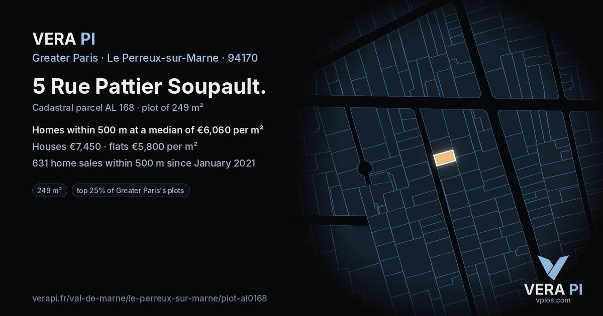 5 Rue Pattier Soupault, Le Perreux-sur-Marne at night – the plot lit, the parcels around coloured by the prices near them